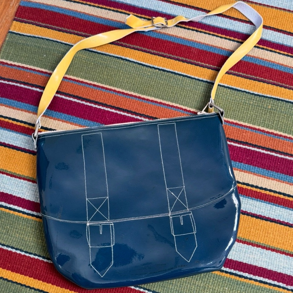 Chic Blue Shoulder Bag with Yellow Strap
